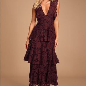 Lulus Molinetto Burgundy Lace Ruffled Tiered Sleeveless Maxi Dress